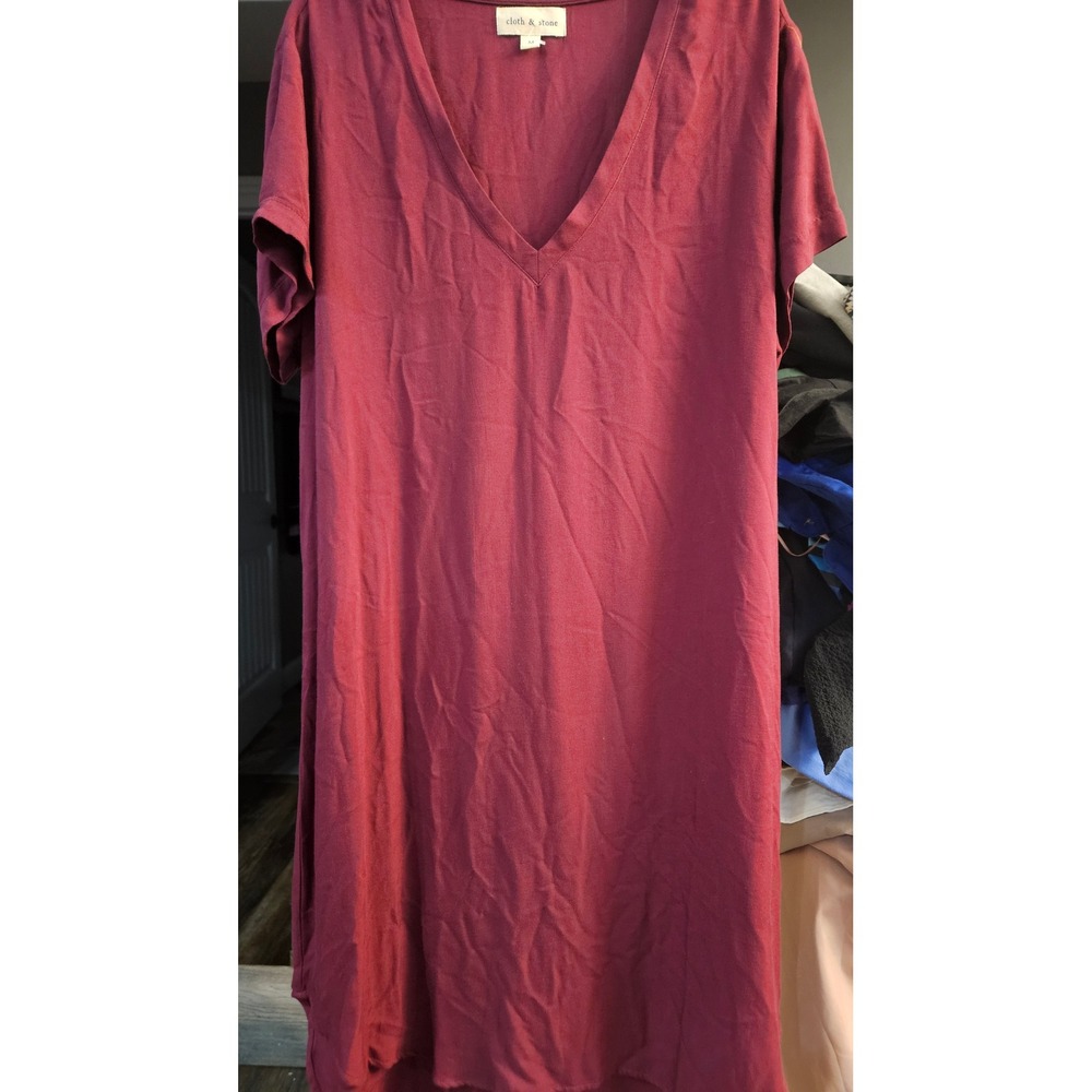 Cloth & Stone Burgundy Balletcore V-Neck Short Sleeve Rayon T-Shirt Mini Dress M